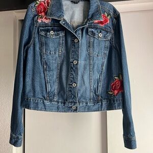 a.n.a Blue Denim Jacket with Red Floral Embroidery